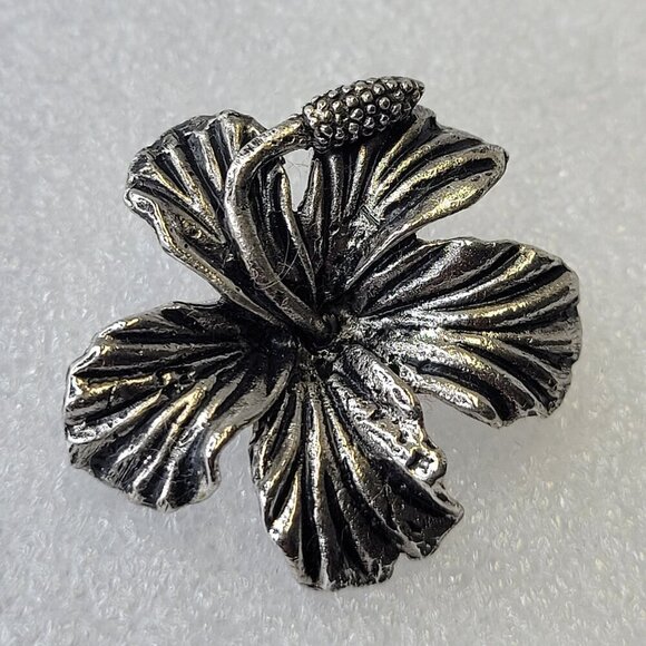 Antique Rhodium Hibiscus Brooch Medium Size Pin - Picture 1 of 6